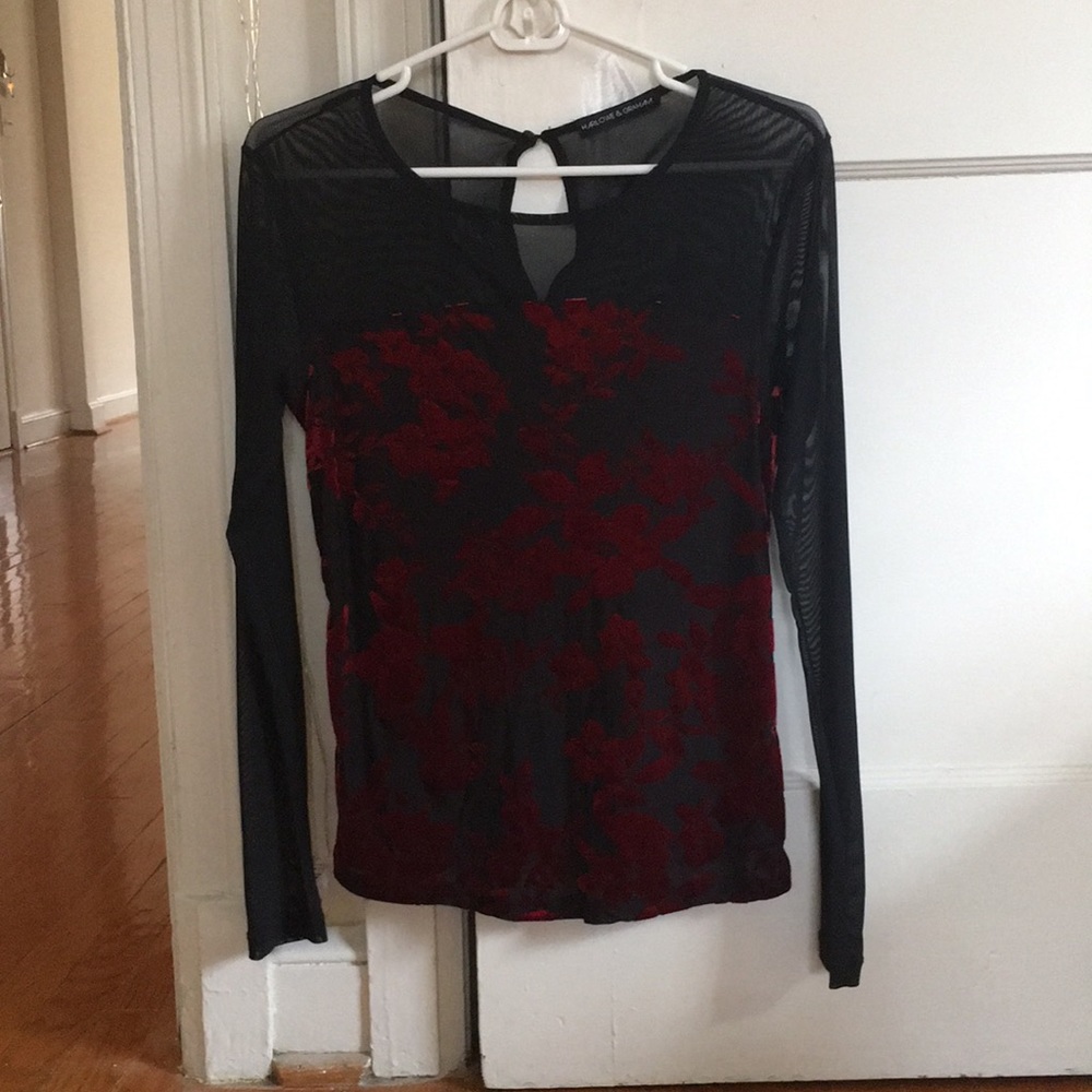 Harlow & Graham Textured Velvet/Mesh Top (Bl/Red)